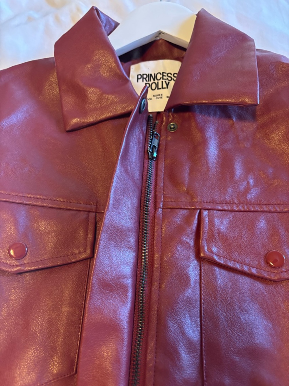 Princess Polly Callie Burgundy Faux Leather Bomber Jacket, size 6 - Picture 9 of 12